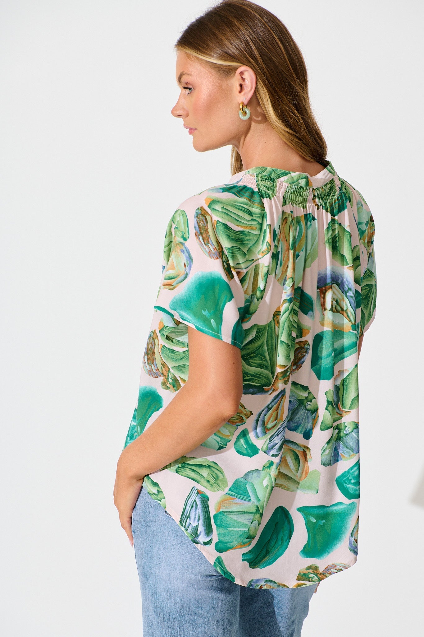 Lombard Top in Multi Green Leaf Print