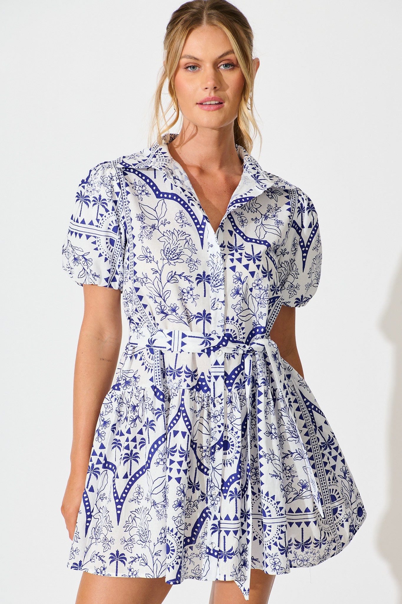 Eloise Shirt Dress in White and Blue Cotton Linen
