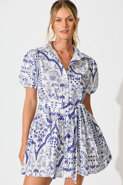 Eloise Shirt Dress in White and Blue Cotton Linen