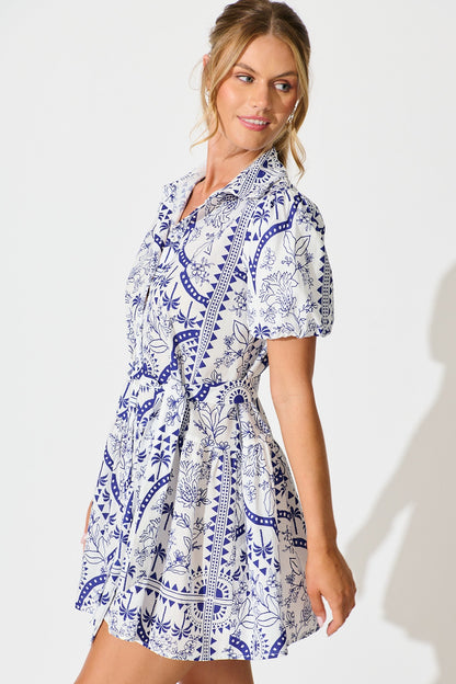 Eloise Shirt Dress in White and Blue Cotton Linen