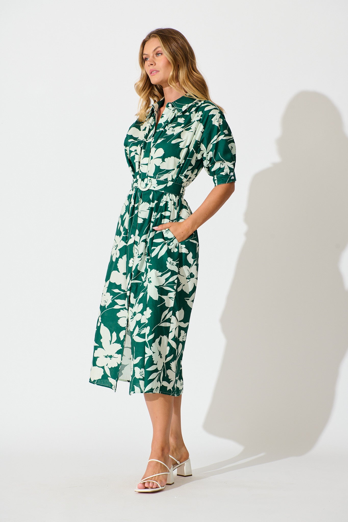 Scottdale Midi Shirt Dress in Emerald Print Cotton