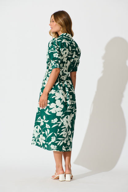 Scottdale Midi Shirt Dress in Emerald Print Cotton