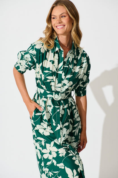 Scottdale Midi Shirt Dress in Emerald Print Cotton