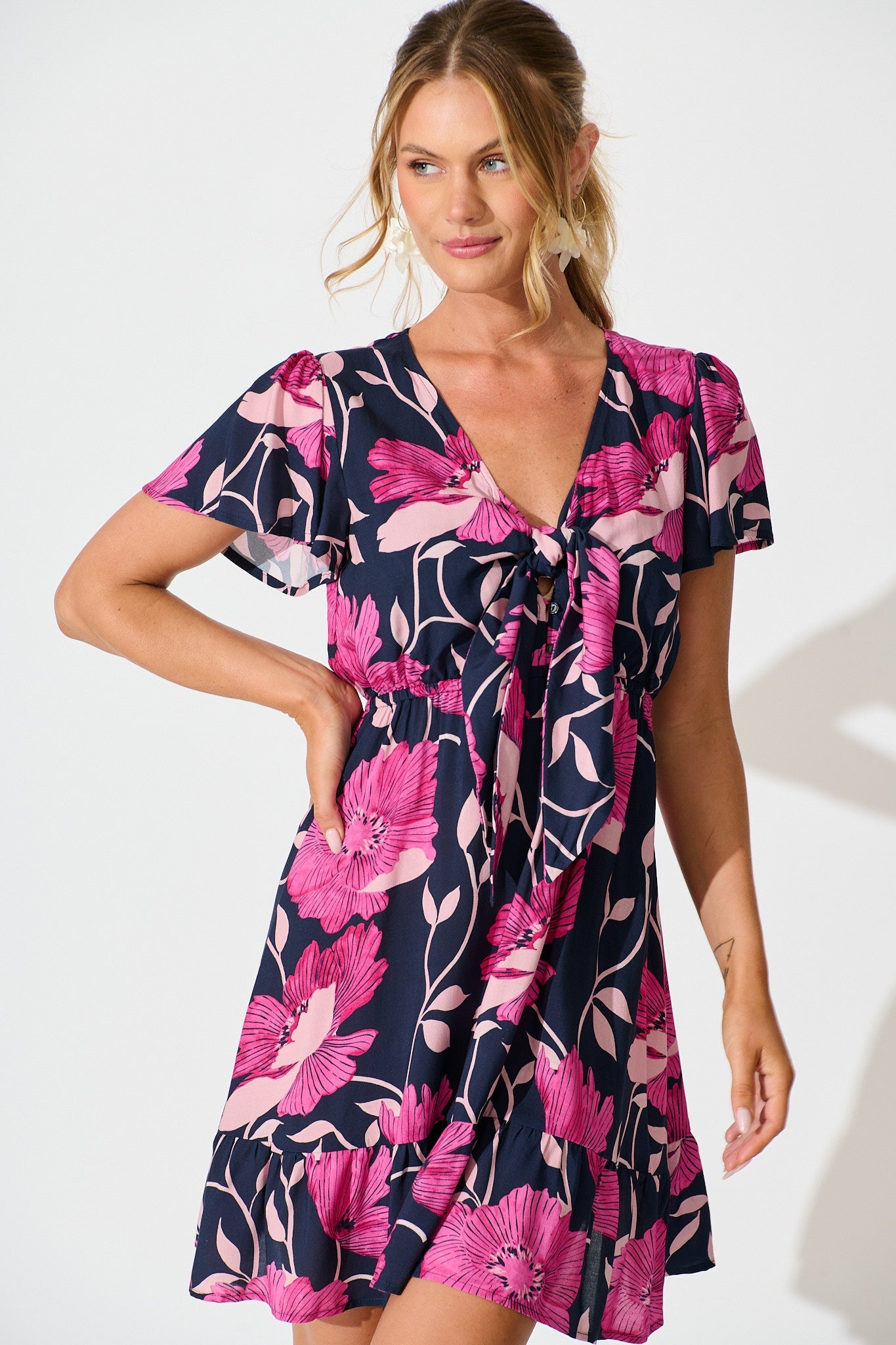 Lara Dress In Navy with Pink Floral