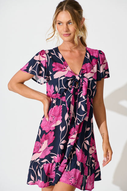Lara Dress In Navy with Pink Floral