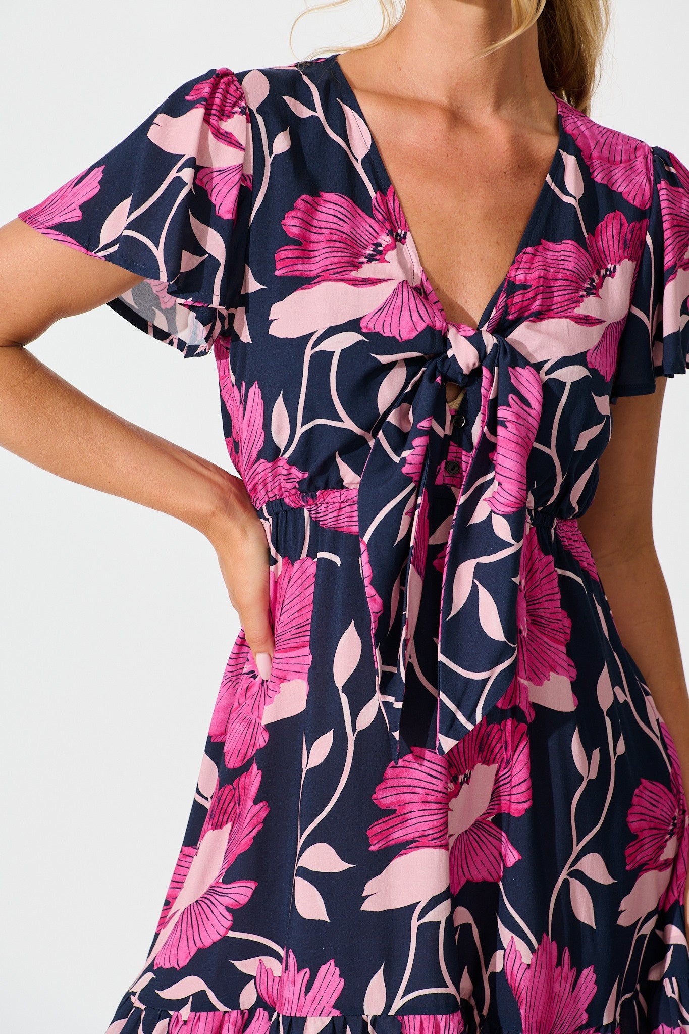 Lara Dress In Navy with Pink Floral