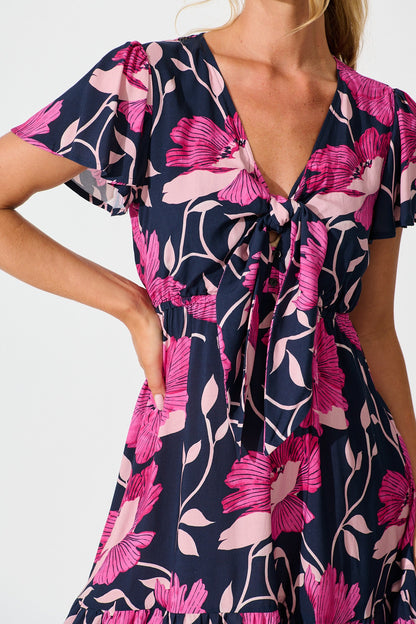 Lara Dress In Navy with Pink Floral