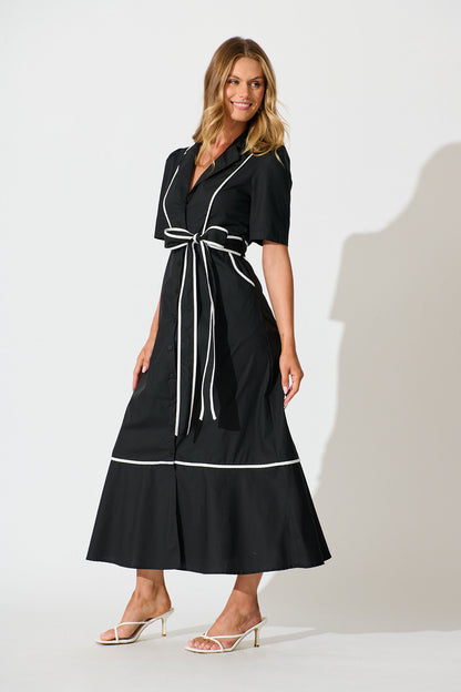 Rhea Maxi Shirt Dress in Black with Contrast Piping Cotton