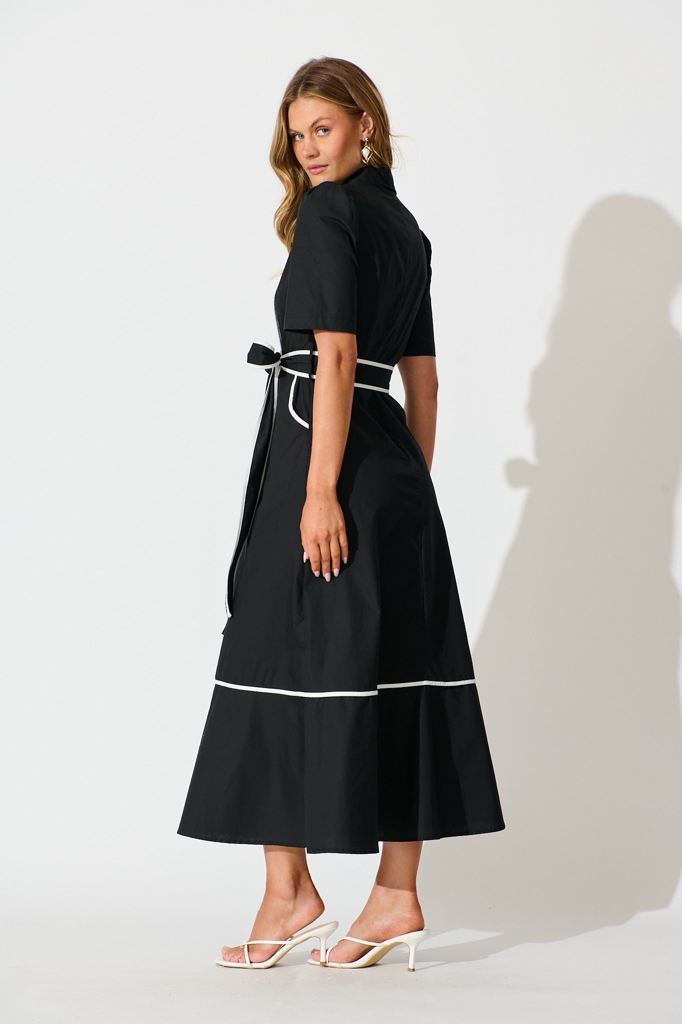 Rhea Maxi Shirt Dress in Black with Contrast Piping Cotton