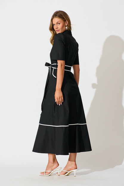 Rhea Maxi Shirt Dress in Black with Contrast Piping Cotton