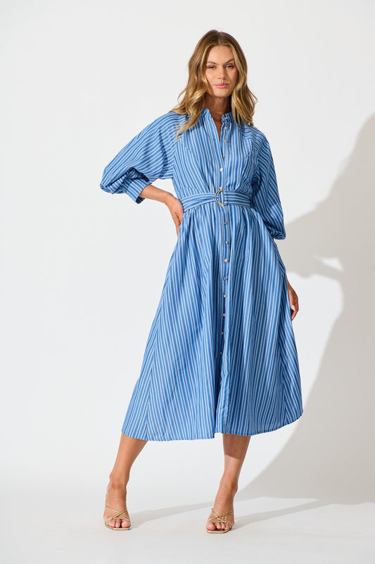 Tatiana Midi Shirt Dress in Blue Stripe Cotton Blend