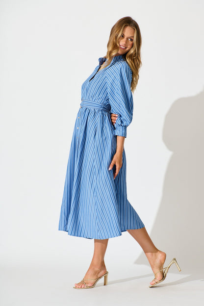 Tatiana Midi Shirt Dress in Blue Stripe Cotton Blend