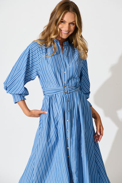 Tatiana Midi Shirt Dress in Blue Stripe Cotton Blend