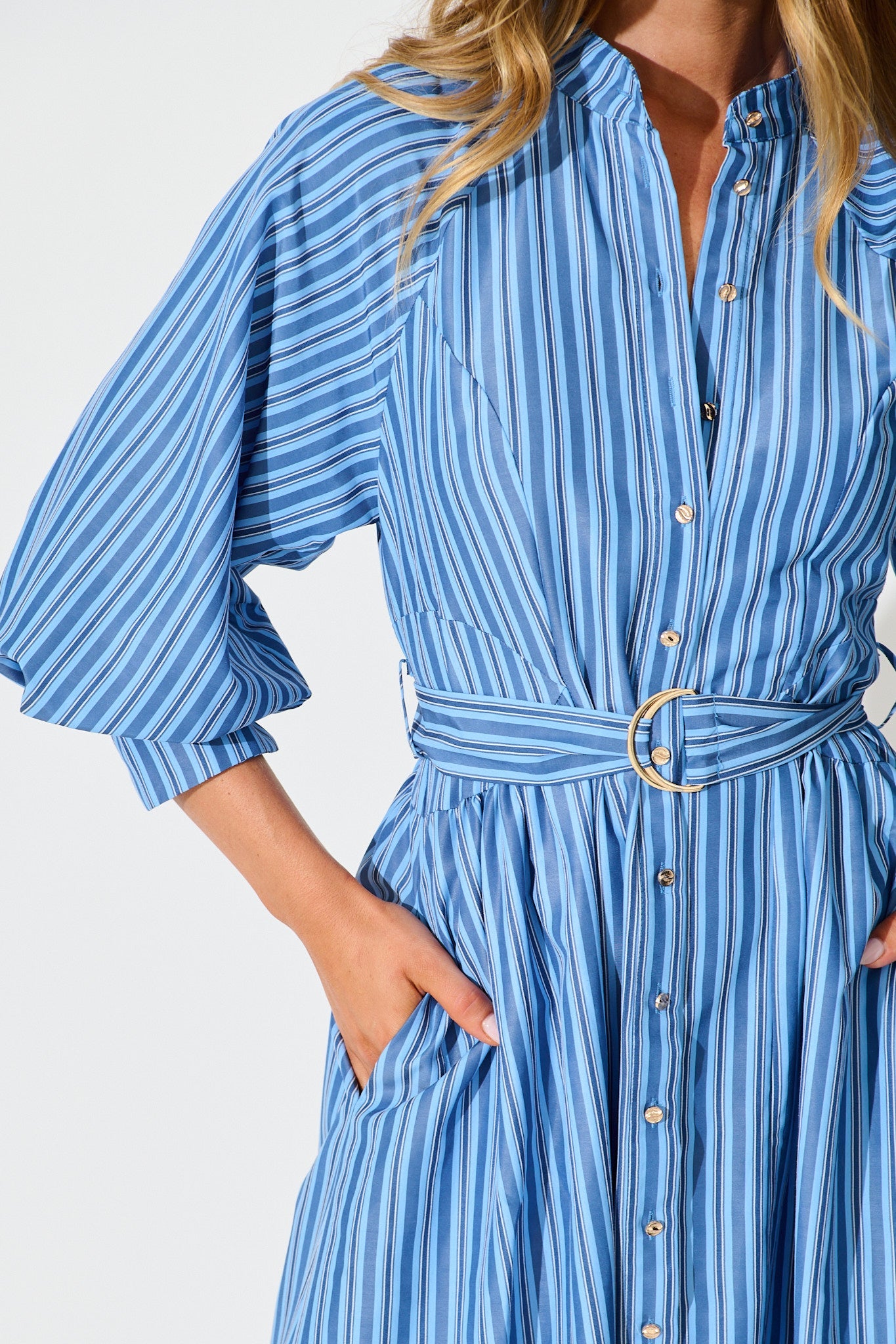 Tatiana Midi Shirt Dress in Blue Stripe Cotton Blend
