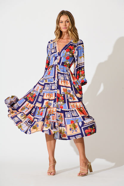 Modical Midi Dress In Blue Multi Postcard Print