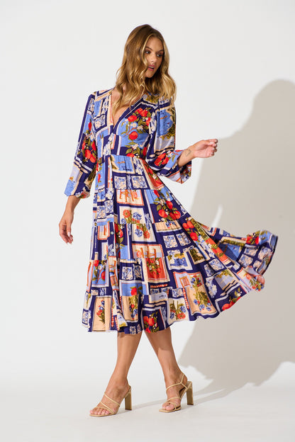 Modical Midi Dress In Blue Multi Postcard Print