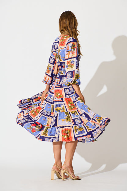 Modical Midi Dress In Blue Multi Postcard Print