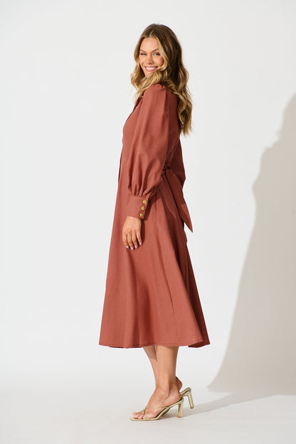 Ciao Bella Maxi Shirt Dress In Rust Linen Blend