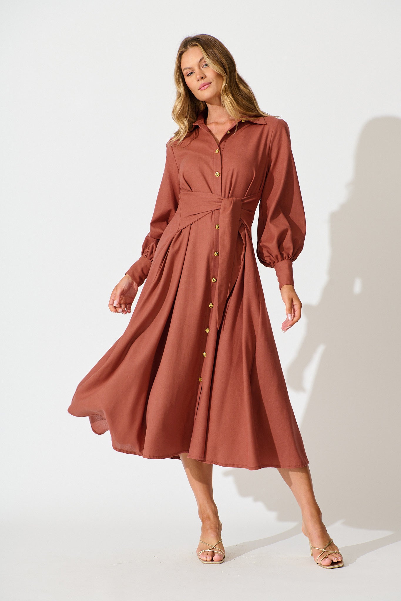 Ciao Bella Maxi Shirt Dress In Rust Linen Blend