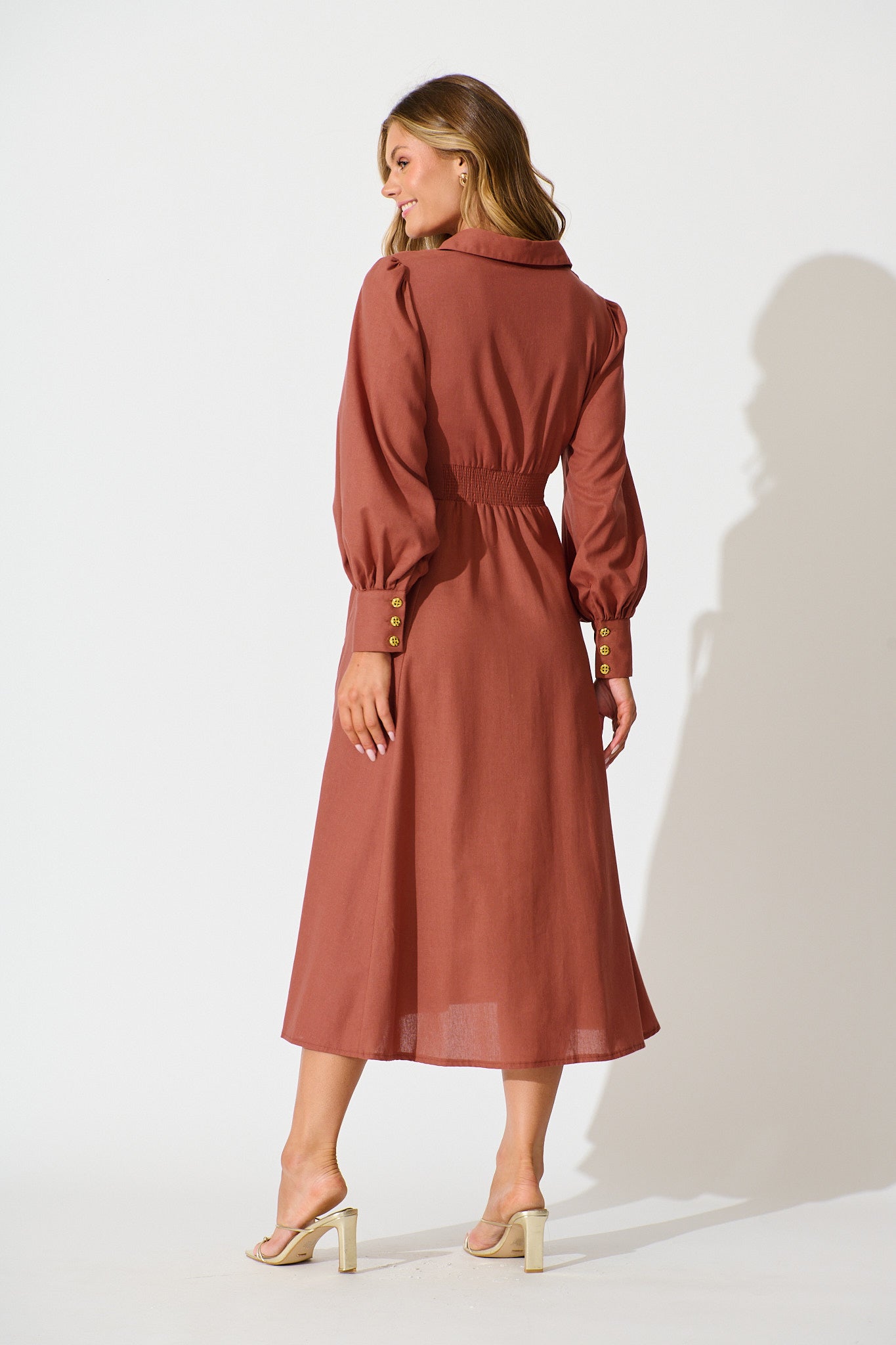 Ciao Bella Maxi Shirt Dress In Rust Linen Blend