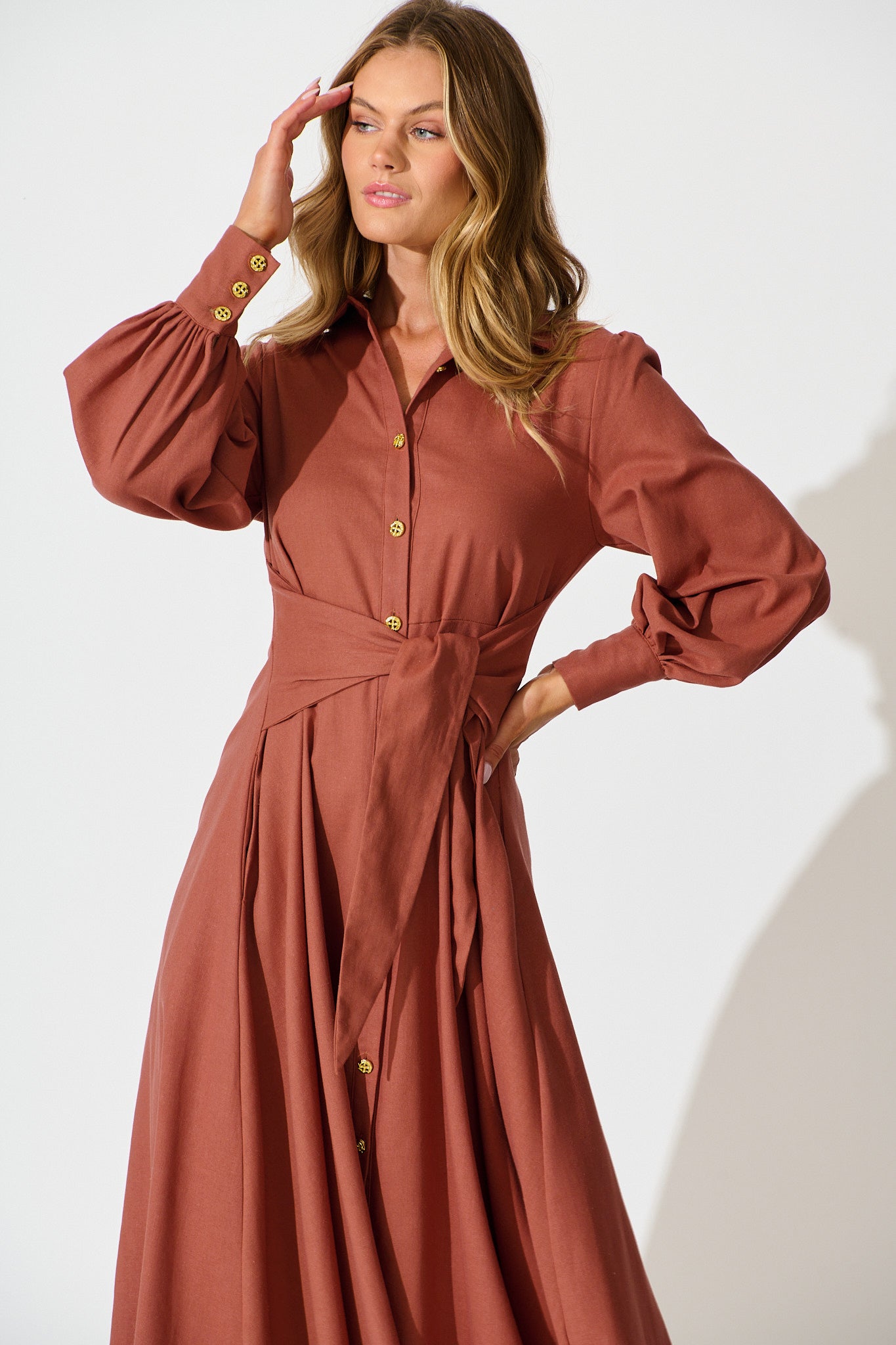Ciao Bella Maxi Shirt Dress In Rust Linen Blend