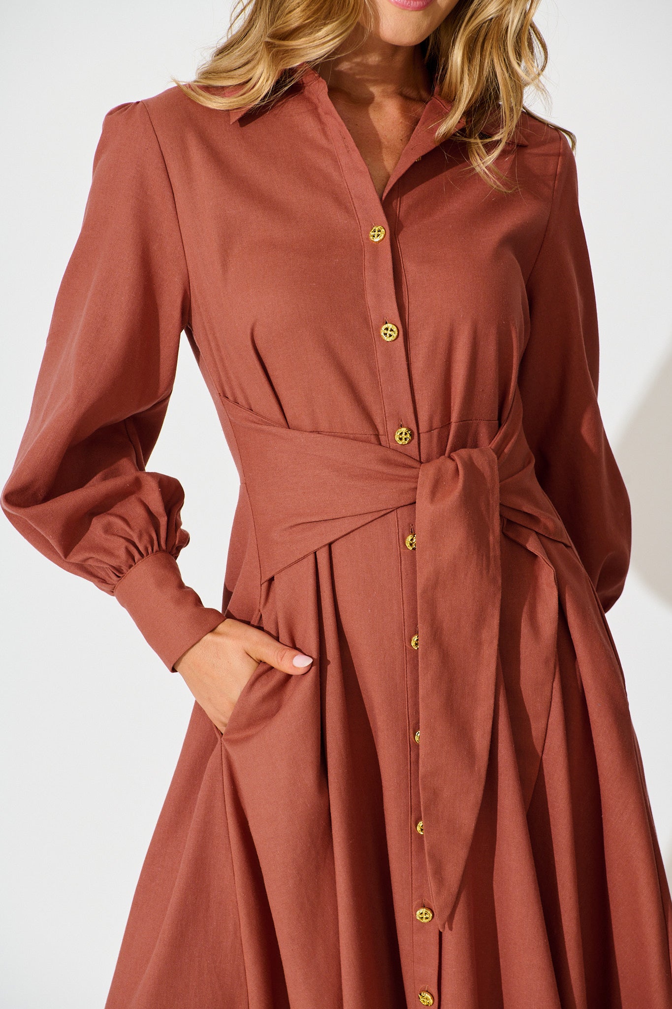 Ciao Bella Maxi Shirt Dress In Rust Linen Blend