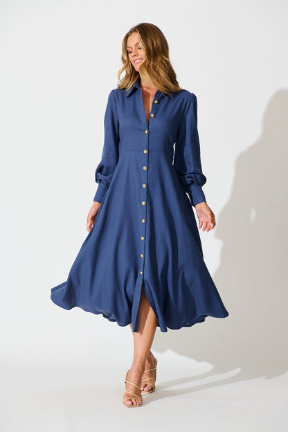 Ciao Bella Maxi Shirt Dress in Navy Linen Blend