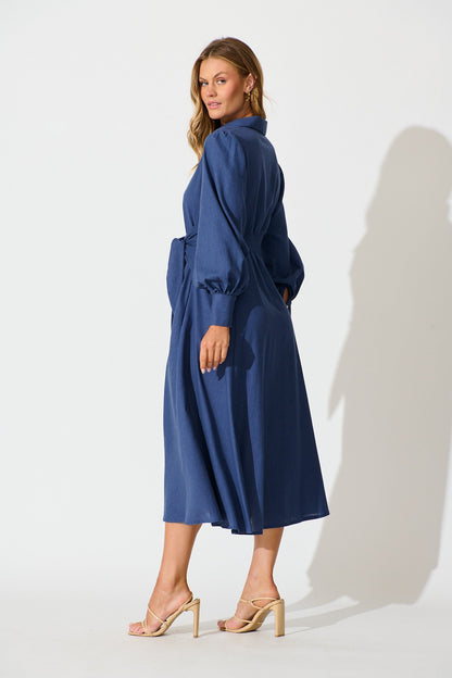 Ciao Bella Maxi Shirt Dress in Navy Linen Blend