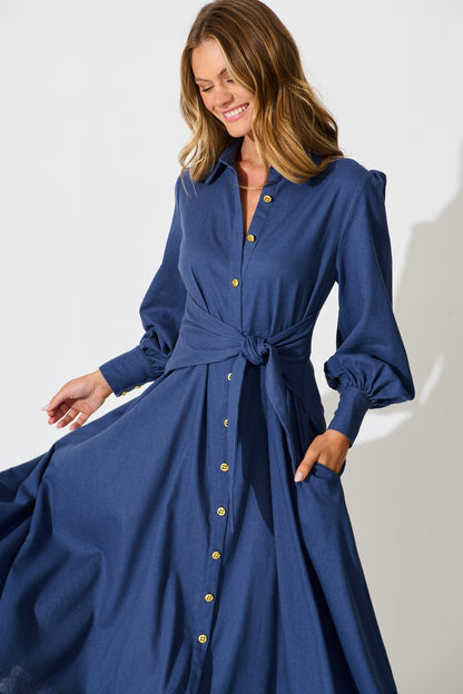 Ciao Bella Maxi Shirt Dress in Navy Linen Blend