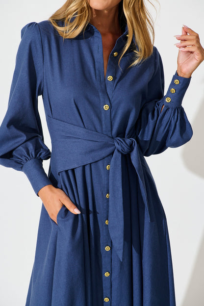 Ciao Bella Maxi Shirt Dress in Navy Linen Blend