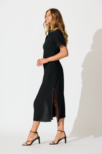 Christiana Maxi Shirt Dress In Black Linen Blend