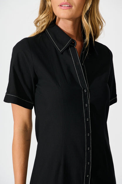 Christiana Maxi Shirt Dress In Black Linen Blend