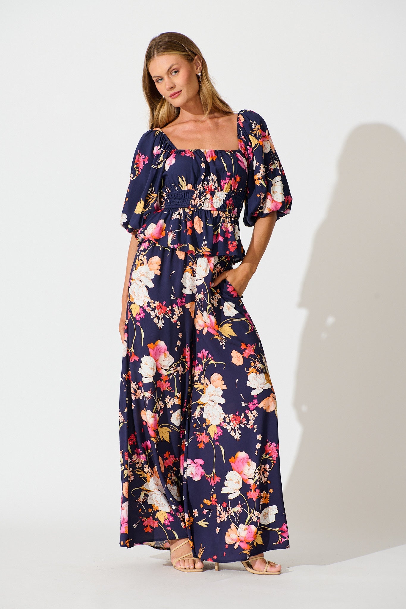 Rosella Top In Navy with Multi Floral