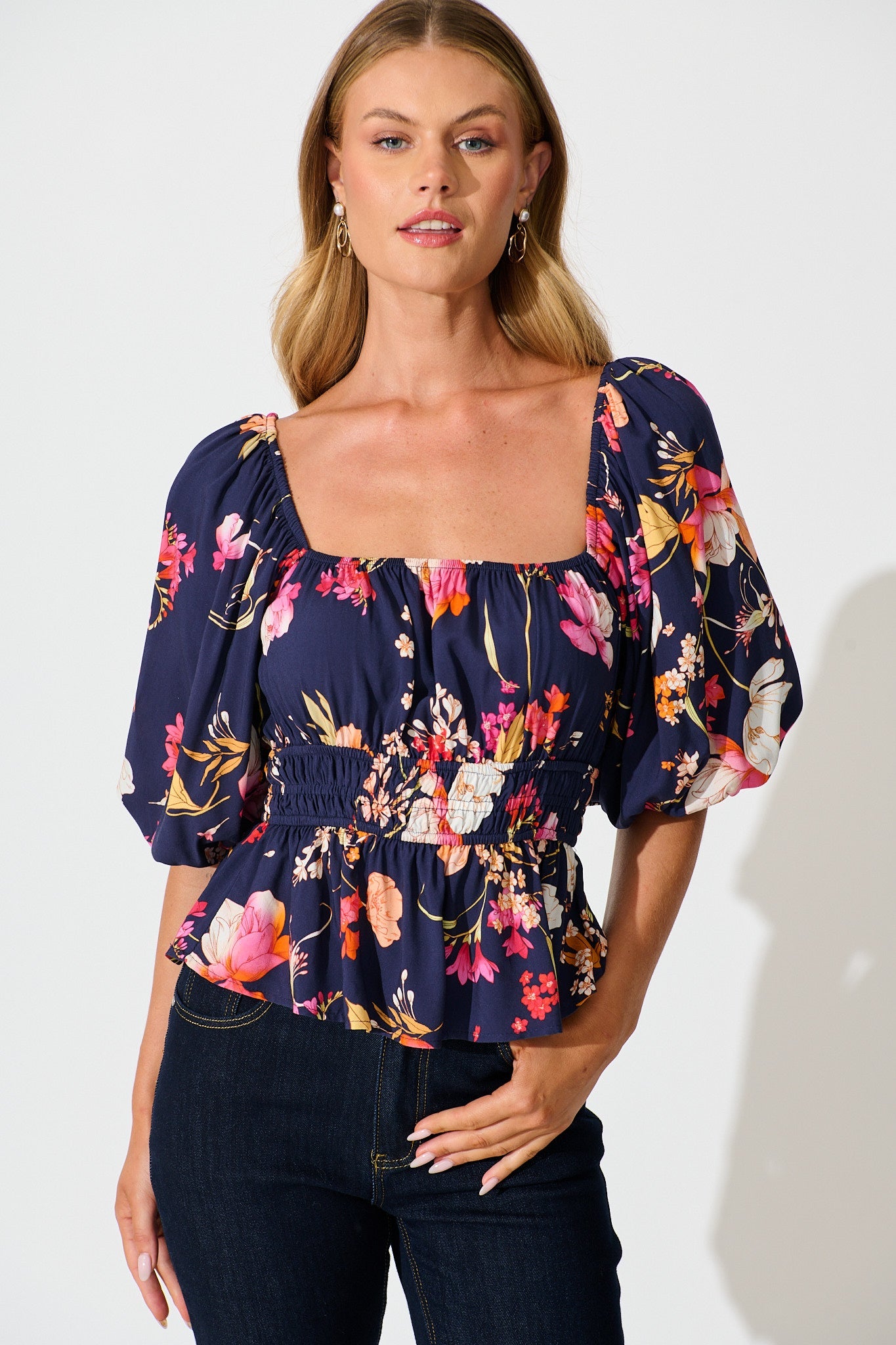 Rosella Top In Navy with Multi Floral