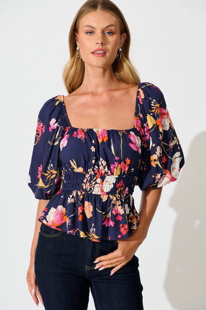 Rosella Top In Navy with Multi Floral