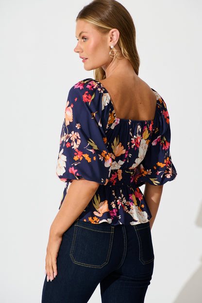 Rosella Top In Navy with Multi Floral