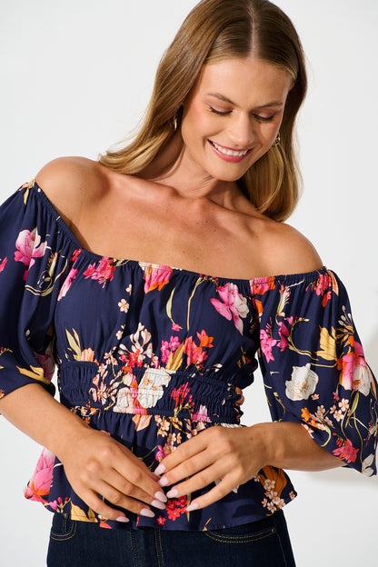 Rosella Top In Navy with Multi Floral