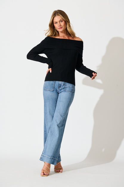 Solar Bardot Knit Top in Black Wool Blend