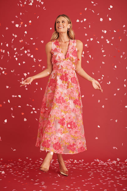 Opuluxe Maxi Dress In Pink Floral Organza Jacquard