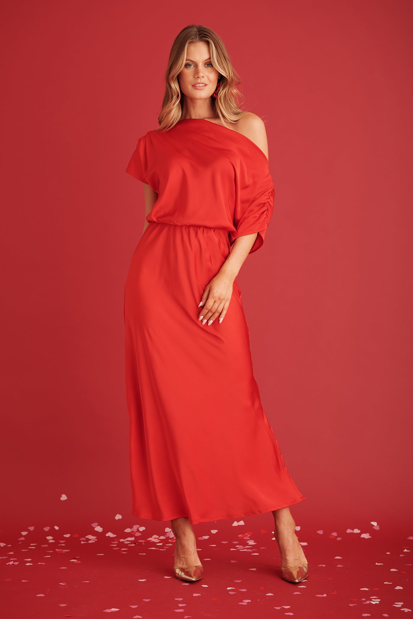 PRE ORDER Sarita Maxi Off Shoulder Dress in Red Satin