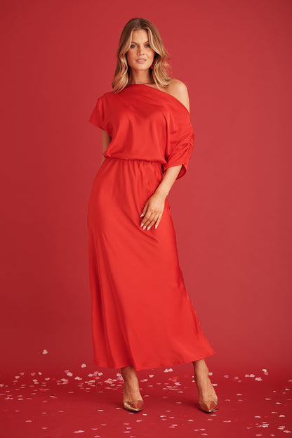 PRE ORDER Sarita Maxi Off Shoulder Dress in Red Satin