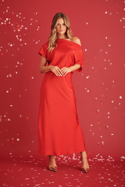 PRE ORDER Sarita Maxi Off Shoulder Dress in Red Satin