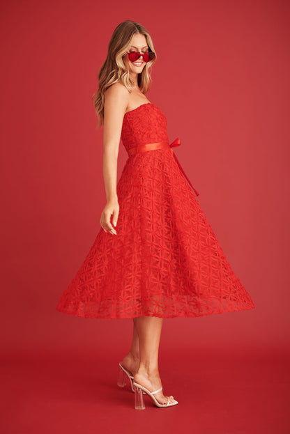 Sia Midi Dress in Red Floral Embroidered Tulle