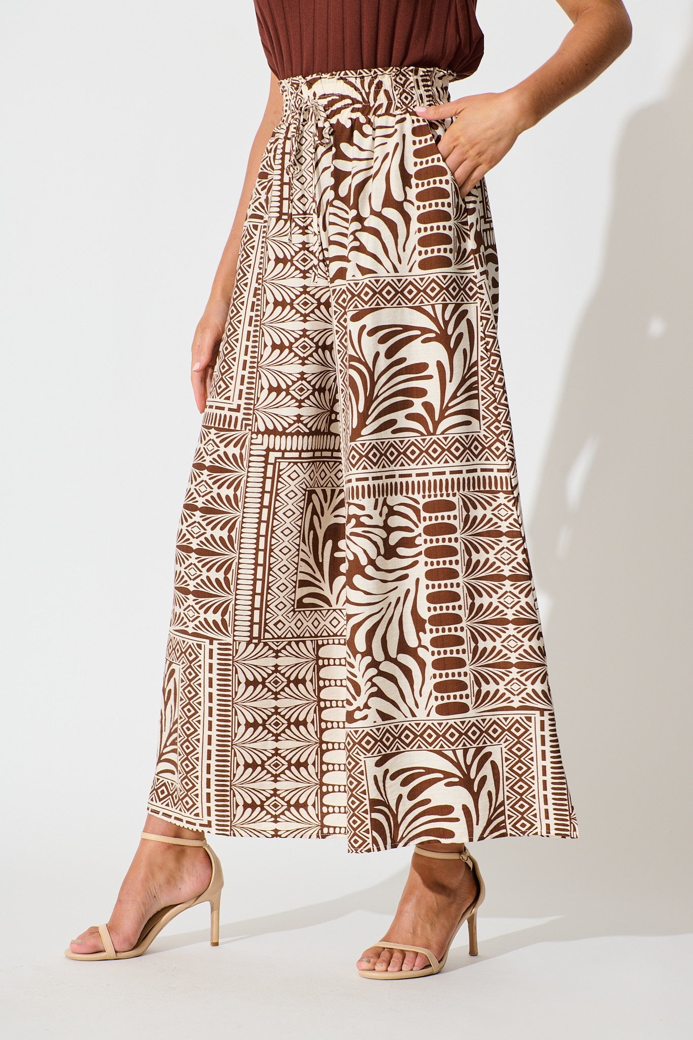 Goldie Wide Leg Pant in Chocolate and Cream Tile Print