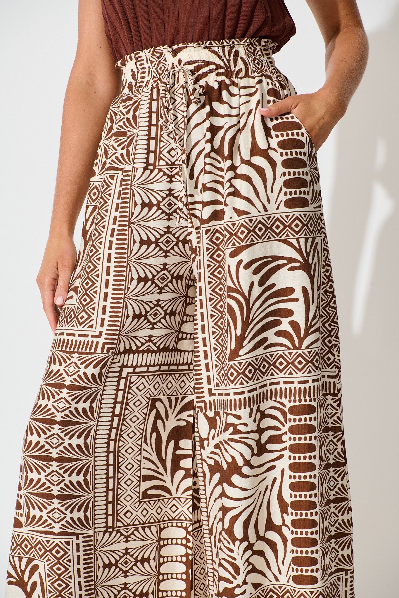 Goldie Wide Leg Pant in Chocolate and Cream Tile Print