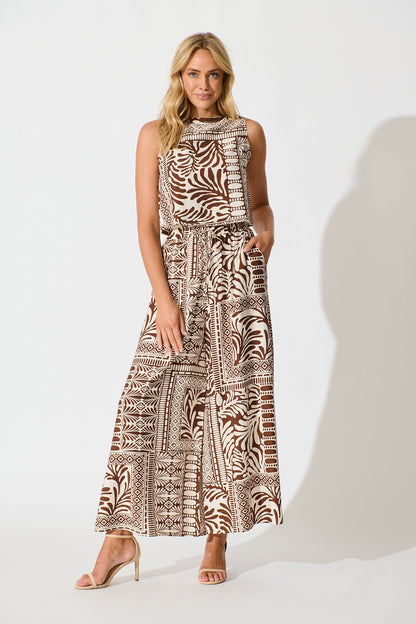 Goldie Wide Leg Pant in Chocolate and Cream Tile Print