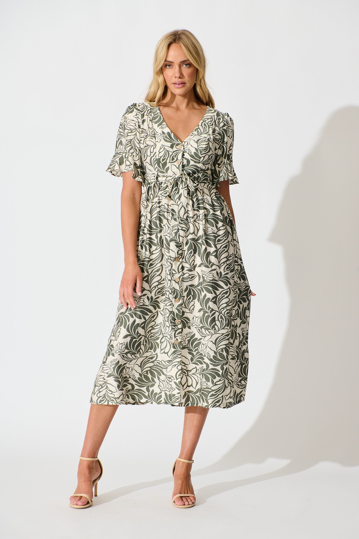 Paloma Midi Dress in Cream and Khaki Leaf Print