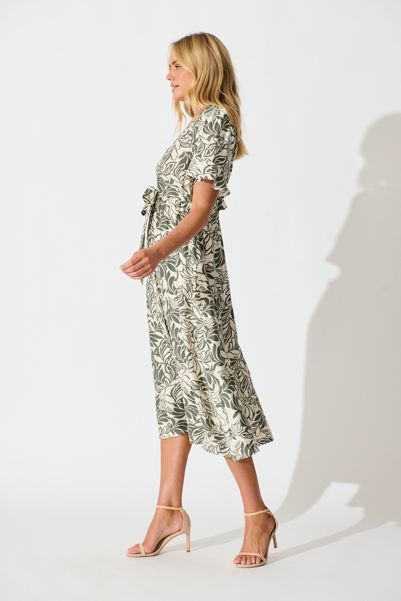 Paloma Midi Dress in Cream and Khaki Leaf Print