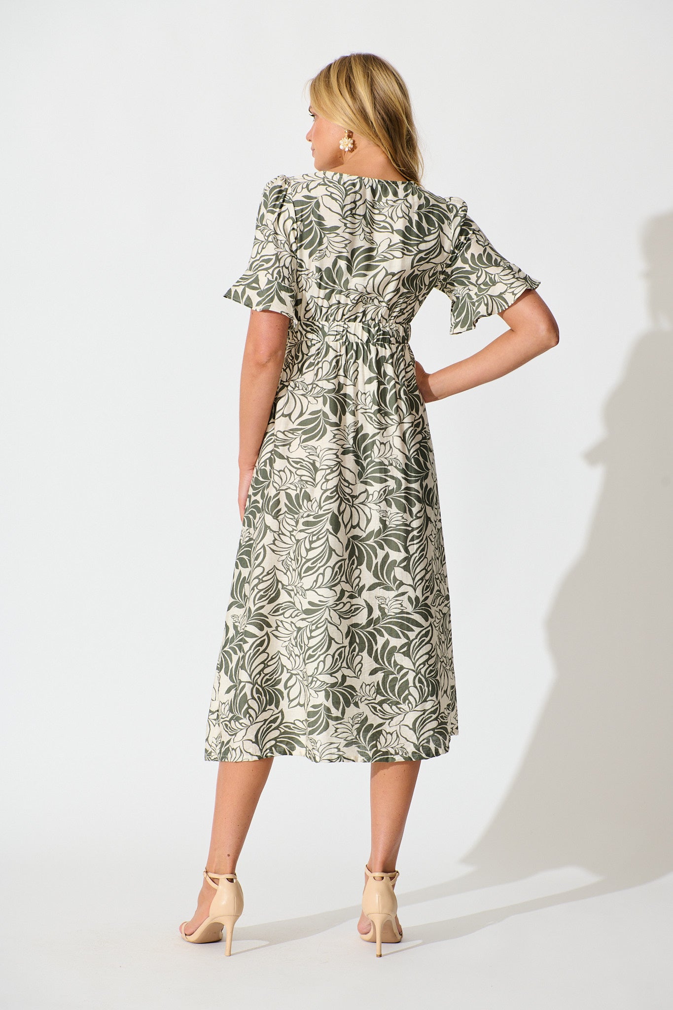 Paloma Midi Dress in Cream and Khaki Leaf Print