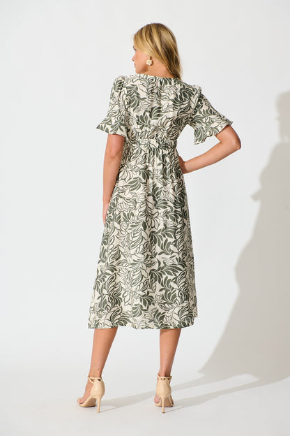 Paloma Midi Dress in Cream and Khaki Leaf Print